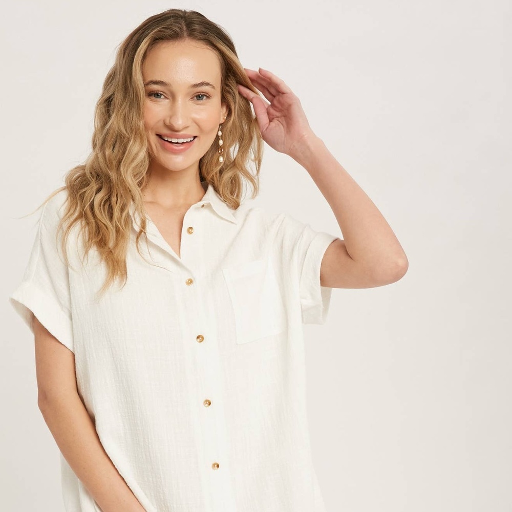 Button Up Shirt Dress With Pocket - Ivory